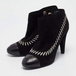 Chanel Black/White Whipstitch Suede CC Ankle Booties Size 41