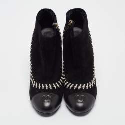 Chanel Black/White Whipstitch Suede CC Ankle Booties Size 41