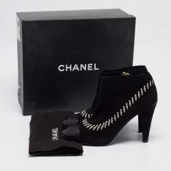 Chanel Black/White Whipstitch Suede CC Ankle Booties Size 41