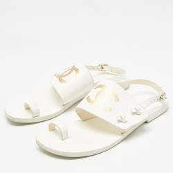 Chanel White Leather CC Thong Slingback Flats Size 36