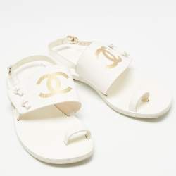 Chanel White Leather CC Thong Slingback Flats Size 36