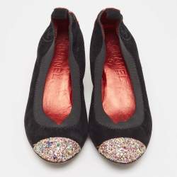 Pre Owned Chanel Black/Multicolor Suede and Coarse Glitter CC Scrunch Pumps Size 36.5