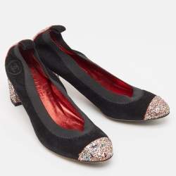 Pre Owned Chanel Black/Multicolor Suede and Coarse Glitter CC Scrunch Pumps Size 36.5