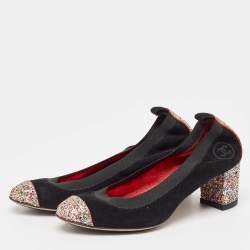 Pre Owned Chanel Black/Multicolor Suede and Coarse Glitter CC Scrunch Pumps Size 36.5