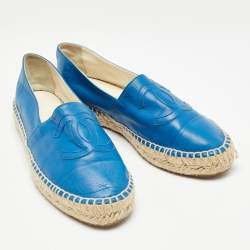 Pre Owned Chanel Blue Leather CC Espadrille Flats Size 38