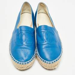 Pre Owned Chanel Blue Leather CC Espadrille Flats Size 38