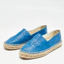 Pre Owned Chanel Blue Leather CC Espadrille Flats Size 38