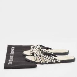 Chanel Black Leather Pearl Flat Slide Size 37