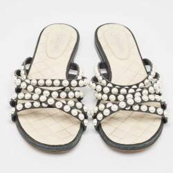 Chanel Black Leather Pearl Flat Slide Size 37