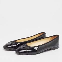 Pre Owned Chanel Black Patent CC Cap Toe Ballet Flats Size 37