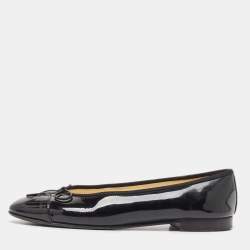 Pre Owned Chanel Black Patent CC Cap Toe Ballet Flats Size 37