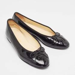 Pre Owned Chanel Black Patent CC Cap Toe Ballet Flats Size 37