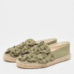 Chanel Army Green Canvas Camelia Espadrille Flats Size 40