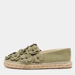 Chanel Army Green Canvas Camelia Espadrille Flats Size 40