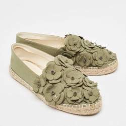 Chanel Army Green Canvas Camelia Espadrille Flats Size 40