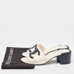 Chanel White Leather Woven CC Slide Sandals Size 37.5