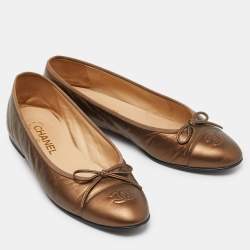 Pre Owned Chanel Brown Leather Bow CC Cap Toe Ballet Flats Size 39