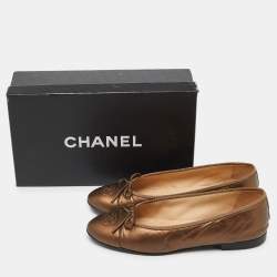 Pre Owned Chanel Brown Leather Bow CC Cap Toe Ballet Flats Size 39