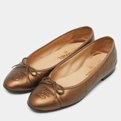 Pre Owned Chanel Brown Leather Bow CC Cap Toe Ballet Flats Size 39