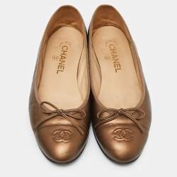 Pre Owned Chanel Brown Leather Bow CC Cap Toe Ballet Flats Size 39