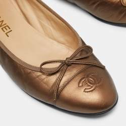 Pre Owned Chanel Brown Leather Bow CC Cap Toe Ballet Flats Size 39