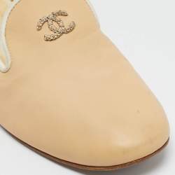 Chanel Beige/White Leather CC Smoking Slippers Size 39.5