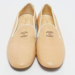 Chanel Beige/White Leather CC Smoking Slippers Size 39.5
