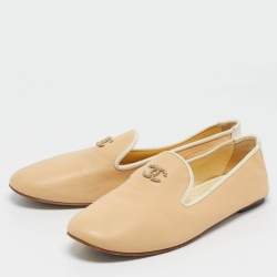 Chanel Beige/White Leather CC Smoking Slippers Size 39.5