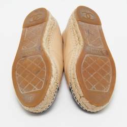 Pre Owned Chanel Beige/Black Leather CC Cap Toe Espadrille Flats Size 37