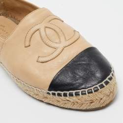 Pre Owned Chanel Beige/Black Leather CC Cap Toe Espadrille Flats Size 37