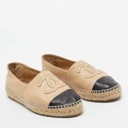 Pre Owned Chanel Beige/Black Leather CC Cap Toe Espadrille Flats Size 37