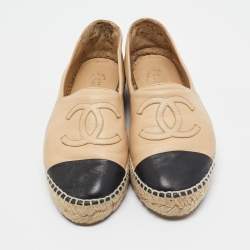 Pre Owned Chanel Beige/Black Leather CC Cap Toe Espadrille Flats Size 37