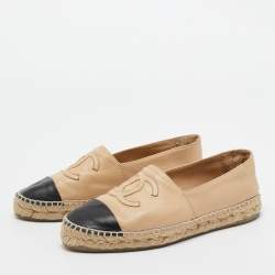 Pre Owned Chanel Beige/Black Leather CC Cap Toe Espadrille Flats Size 37