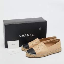 Pre Owned Chanel Beige/Black Leather CC Cap Toe Espadrille Flats Size 37