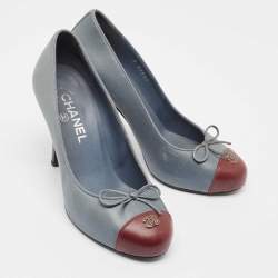 Pre Owned Chanel Grey/Burgundy Leather CC Cap-Toe Bow Pumps Size 38