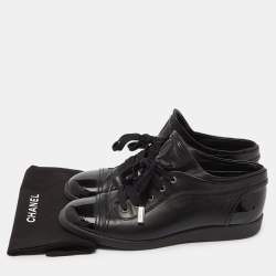 Pre Owned Chanel Black Patent and Leather CC Low Top Sneakers Size 38