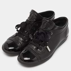 Pre Owned Chanel Black Patent and Leather CC Low Top Sneakers Size 38