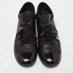 Pre Owned Chanel Black Patent and Leather CC Low Top Sneakers Size 38