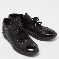 Pre Owned Chanel Black Patent and Leather CC Low Top Sneakers Size 38