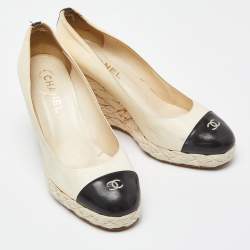 Pre Owned Chanel Cream/Black Leather CC Cap Toe Espadrille Wedge Pumps Size 41