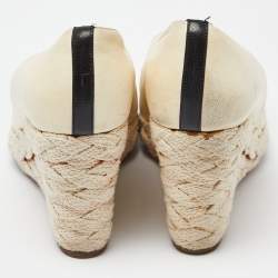 Pre Owned Chanel Cream/Black Leather CC Cap Toe Espadrille Wedge Pumps Size 41