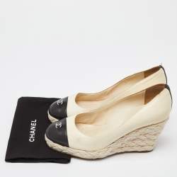 Pre Owned Chanel Cream/Black Leather CC Cap Toe Espadrille Wedge Pumps Size 41