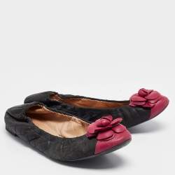Pre Owned Chanel Black/Pink Quilted Leather Camelia Scrunch Ballet Flats Size 39 