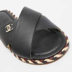 Pre Owned Chanel Black Leather Braided Trim CC Flat Slides Size 38