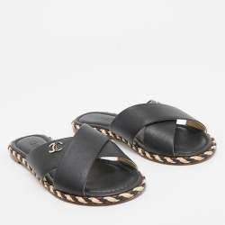 Pre Owned Chanel Black Leather Braided Trim CC Flat Slides Size 38