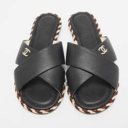 Pre Owned Chanel Black Leather Braided Trim CC Flat Slides Size 38