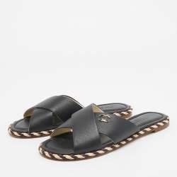 Pre Owned Chanel Black Leather Braided Trim CC Flat Slides Size 38
