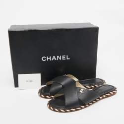 Pre Owned Chanel Black Leather Braided Trim CC Flat Slides Size 38