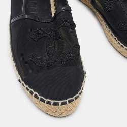 Chanel Black Mesh and Leather CC Cap Toe Espadrille Flats Size 35