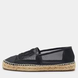 Chanel Black Mesh and Leather CC Cap Toe Espadrille Flats Size 35